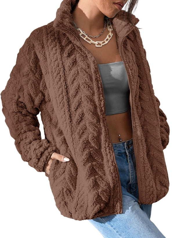 Dokotoo Women's Sherpa Jacket 2026 Stand Collar Casual Shackets,Chestnut,L