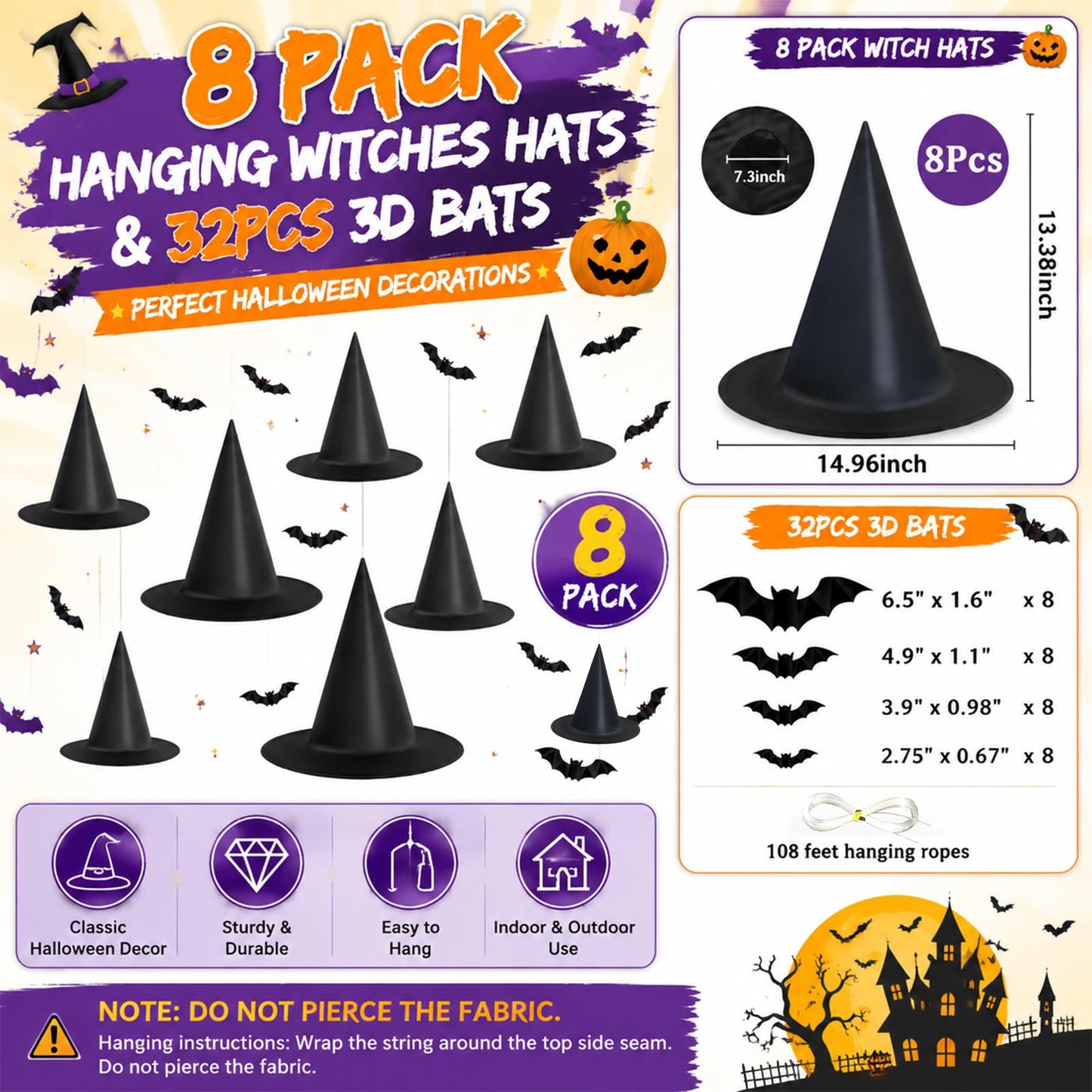 Tepoobea Halloween Witch Hats & Bats Decor Set