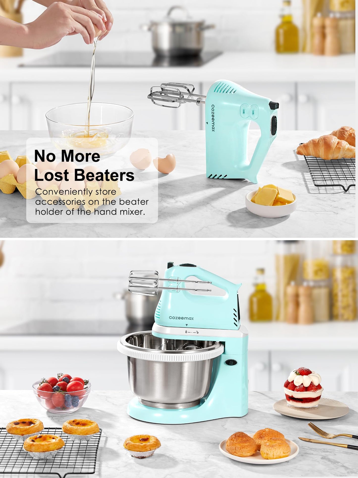 2 in 1 Hand Mixers Kitchen Electric Stand mixer with bowl 3 Quart, electric mixer handheld for Everyday Use, Dough Hooks & Mixer Beaters for Frosting, Meringues & More (Aqua)