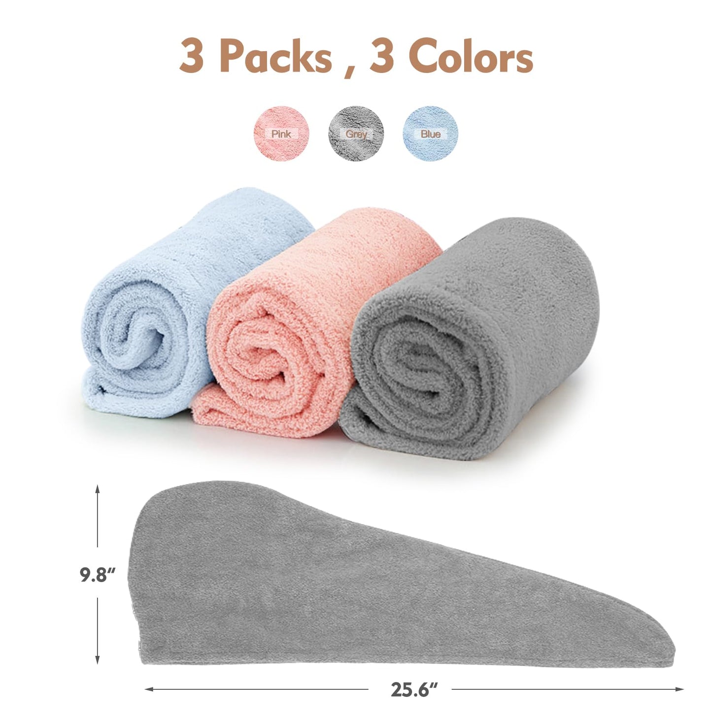OEAGO Microfiber Hair Towel for Women: Valentines Day Gifts for Her Girlfriends Wife Stocking Stuffers for Women Drying Wrap Towels for Curly Hair Head Accessories 3 Pacs Anti Frizz