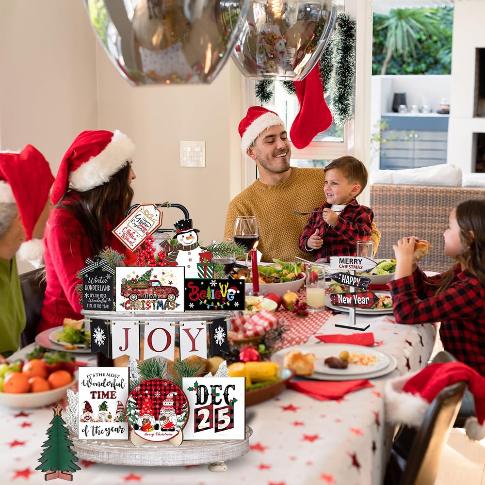 Nialnant 19 PCS Christmas Tiered Tray Decor, Christmas Tiered Tray Decorations Set, Snowflake Joy Snowman Wood Table Signs for Winter Table Centerpieces Home Decorations
