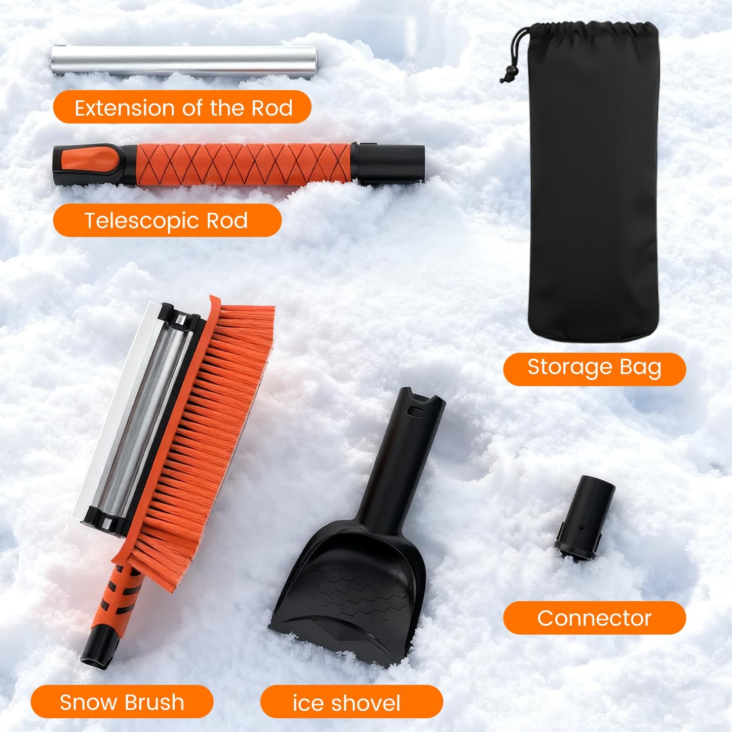 2025 45" Car Snow Brush & Ice Scraper for Windshield - Upgraded Extendable Snow Shovel with 360° Pivoting Head & Foam Grip - Fits Cars, Trucks, SUVs (Neon Orange)