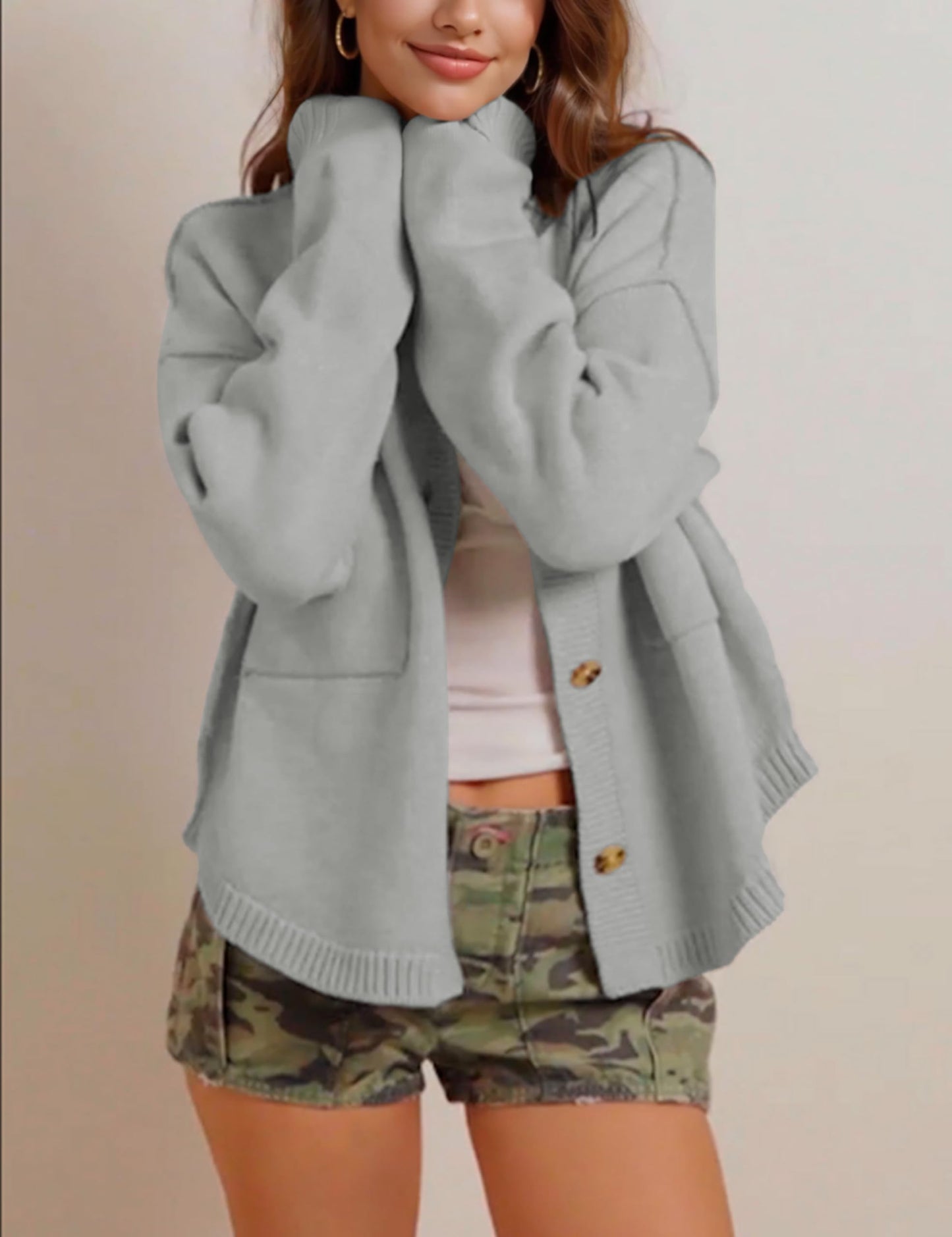 hathne Cardigan Sweaters for Women Trendy Oversized Open Front Button Short Cardigan Jackets Fall Winter(Grey,M)