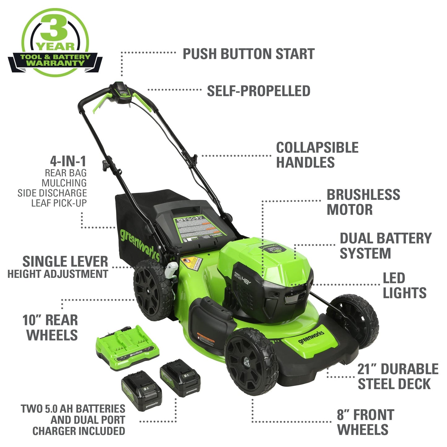 Greenworks 48V (2x24V) High - Performance Cordless Yard Tool Combo: 21" Self - Propelled Lawn Mower, 12" Trimmer & Blower, with 3 Batteries & 2 Chargers