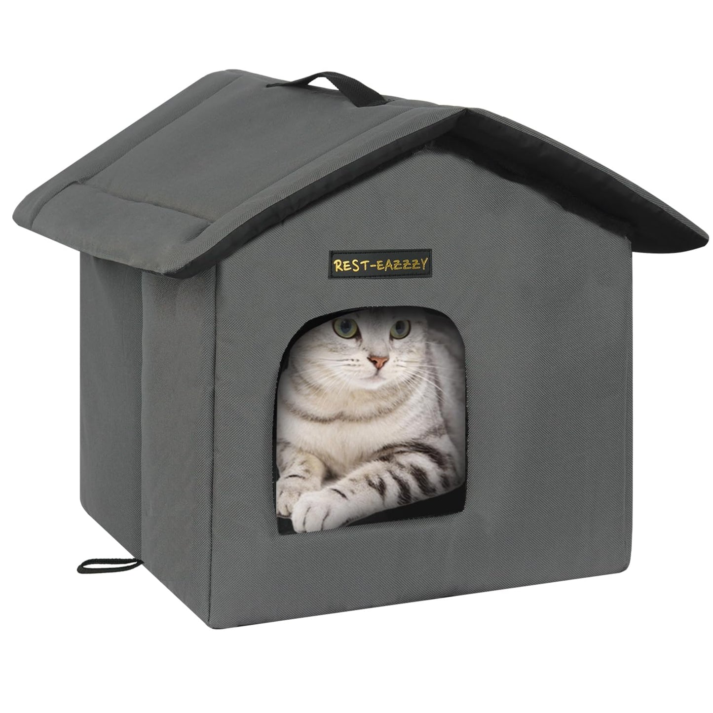 Rest-Eazzzy Cat House for Outdoor Cats, Weatherproof and Insulated Feral Cat House with Mat and Clip, Easy to Put Together, Selfwarming Cat Shelter for Winter(Grey, Waterproof House-S)
