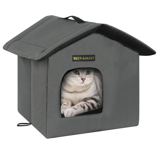 Rest-Eazzzy Cat House for Outdoor Cats, Weatherproof and Insulated Feral Cat House with Mat and Clip, Easy to Put Together, Selfwarming Cat Shelter for Winter(Grey, Waterproof House-S)