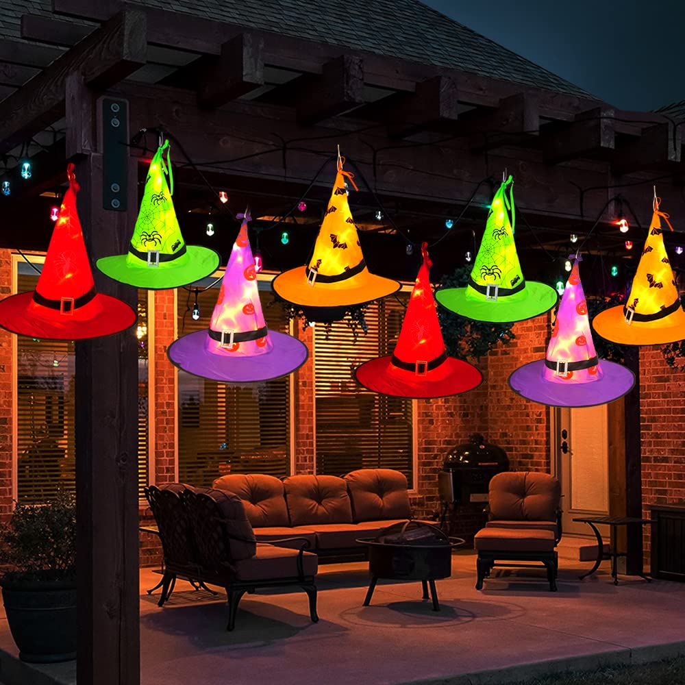Halloween Witch Hat Lights Decoration Outdoor, 8pcs Hanging Witch Hat Light