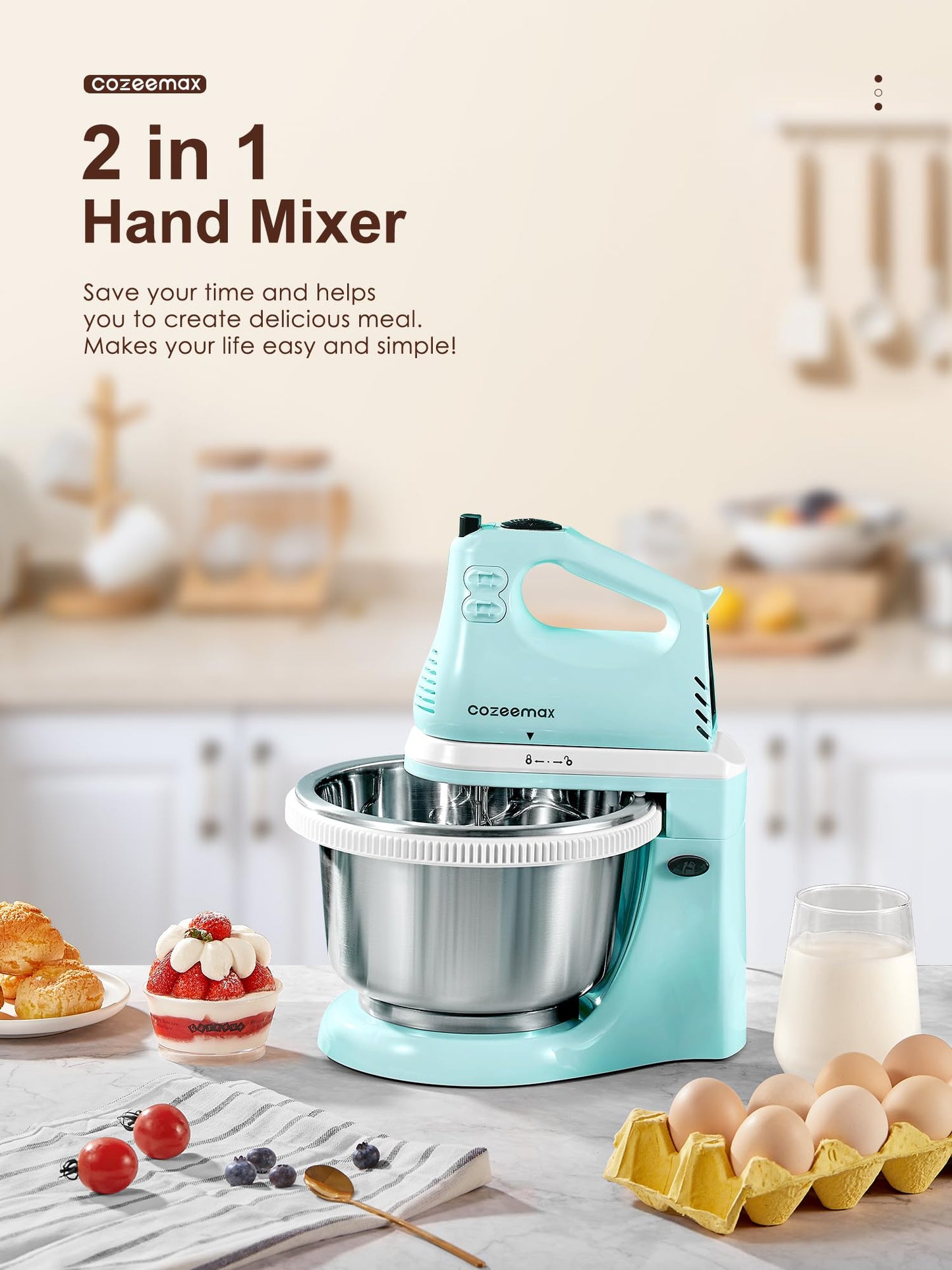2 in 1 Hand Mixers Kitchen Electric Stand mixer with bowl 3 Quart, electric mixer handheld for Everyday Use, Dough Hooks & Mixer Beaters for Frosting, Meringues & More (Aqua)