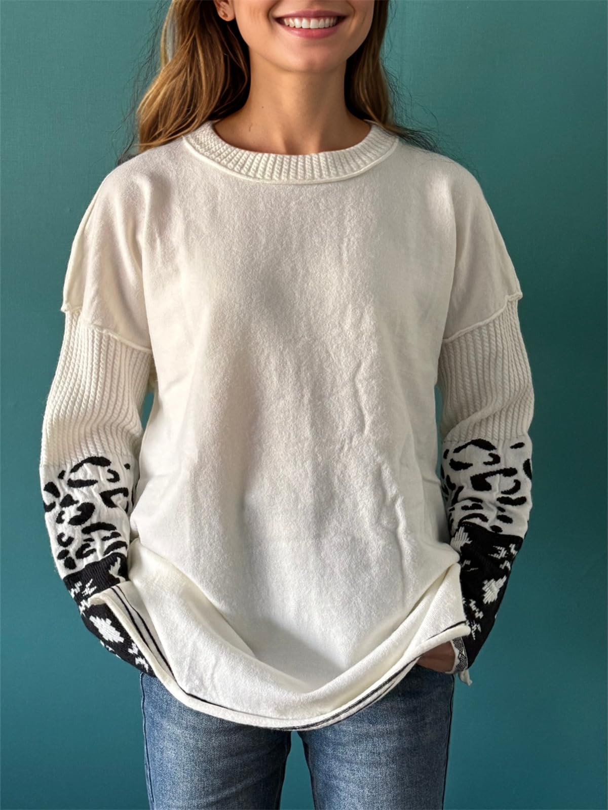 hathne Oversized Sweaters Pullover for Women Leopard Printed Cuff Casual Long Sleeve Knit Tops(Beige,L)