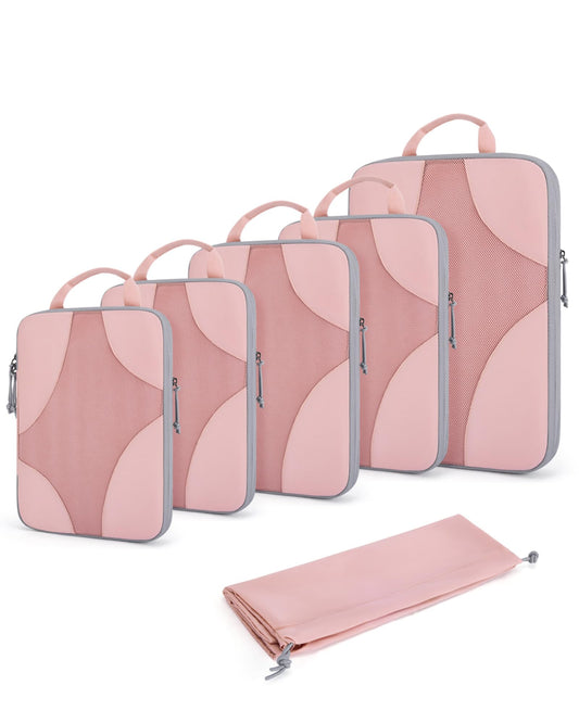 BAGSMART Compression Packing Cubes for Travel, Compressible Luggage Organizer for Carry On Suitcase, Lightweight Travel Essentials 6-Pack 1L+2M+2S+1Shoe Bag, Pink