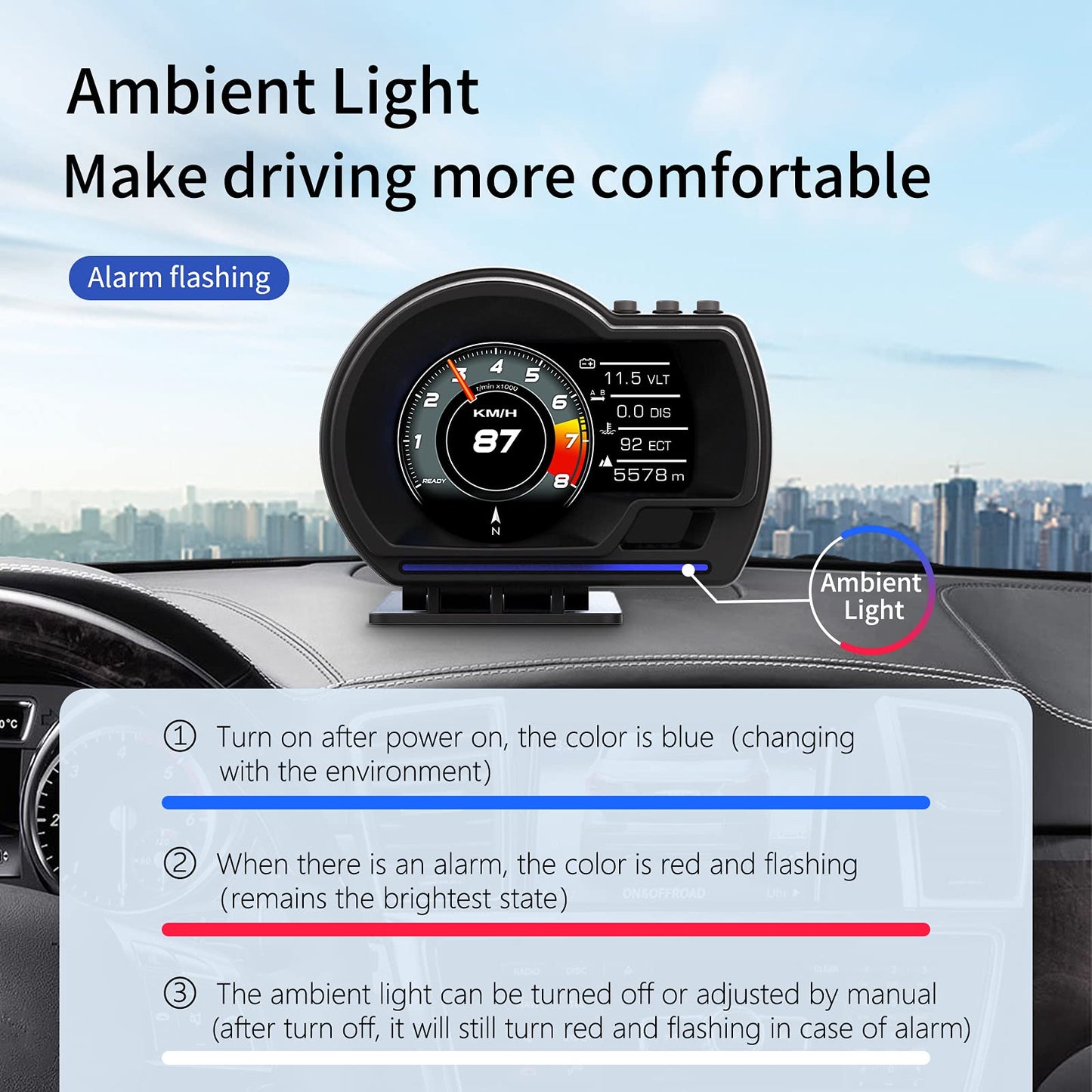 wiiyii obd2 Gauge Display Heads up Display for Cars Car HUD Head Up Display P6, OBD+GPS Smart Gauge, obd2 Speedometer with Speed,RMP,Water Temperature,Overspeed Alarm,Works Great for Most Cars
