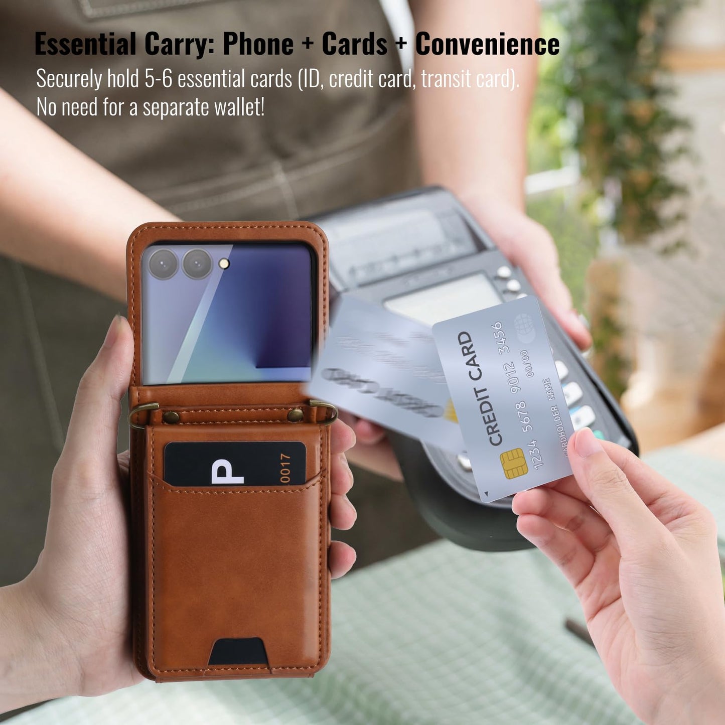 ASAPDOS for Samsung Galaxy Z Flip 7 PU Leather Wallet Phone Case with Card Slots (Holds 5-7 Cards), Anti-Drop Protection, Wrist & Shoulder Strap Brown