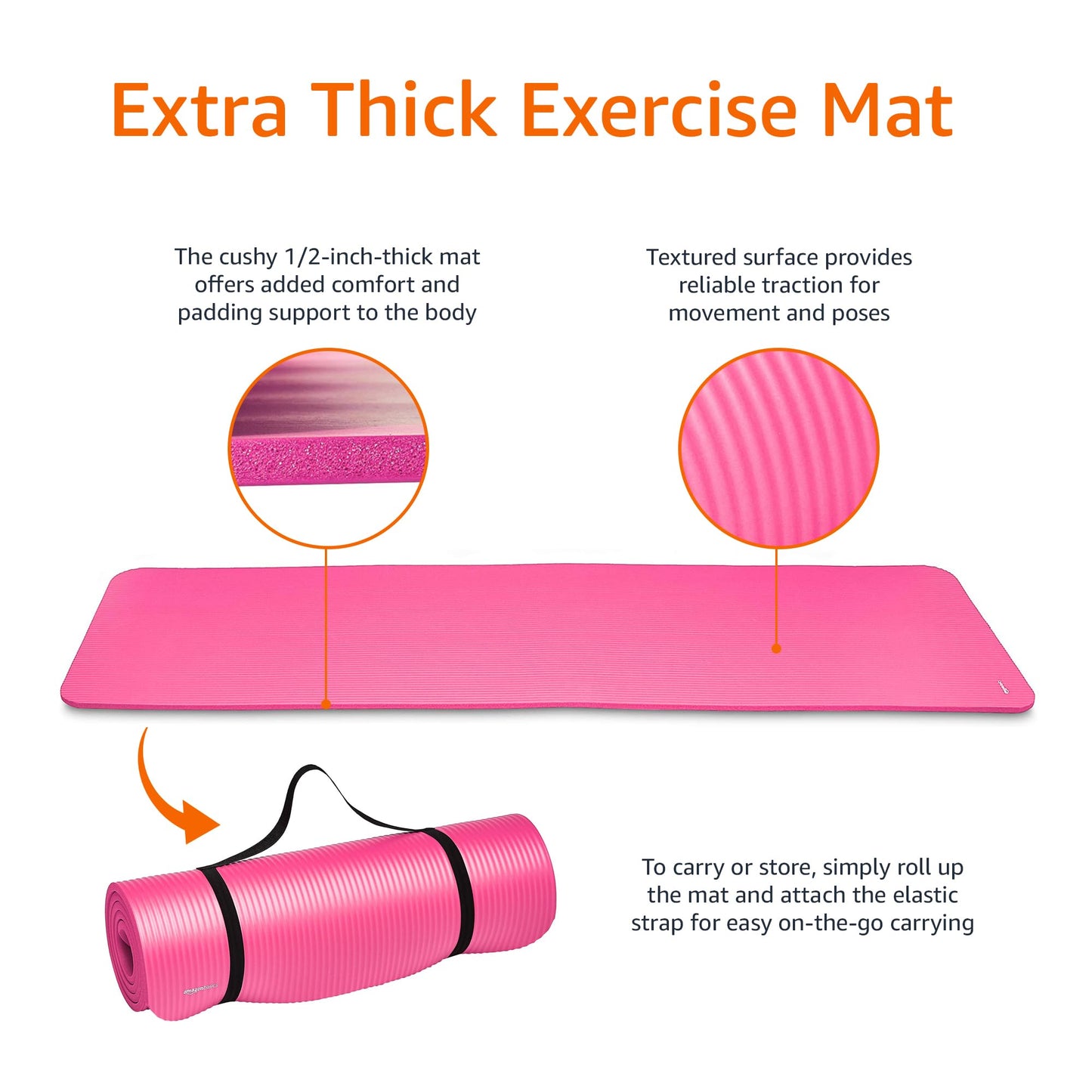 Amazon Basics 1/2 Inch Extra Thick Exercise Yoga Mat with Carrying Strap, Pink