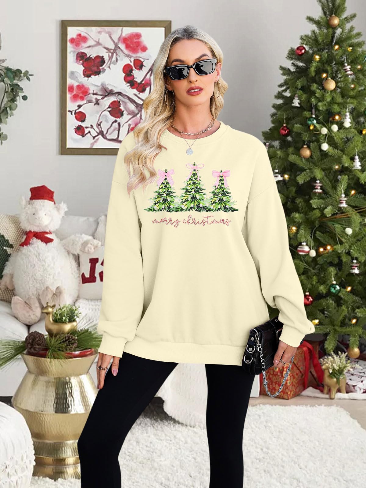 QLIPIN Merry Christmas Sweatshirt Women Christmas Bow Sweater Christmas Tree Sweatshirts Oversized Holiday Ugly Sweaters