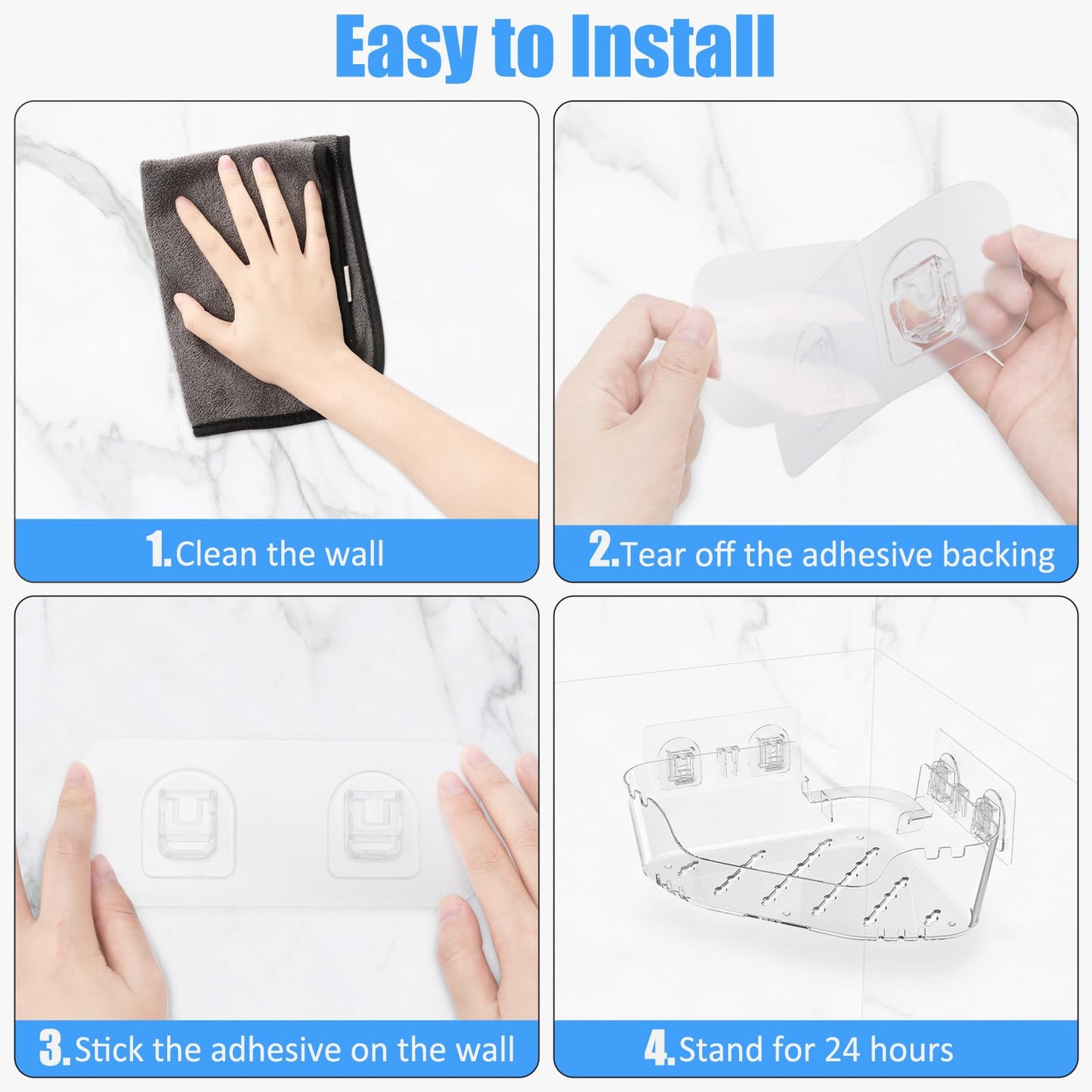 EEKEDO Corner Shower Caddy, 2 Pack Clear Acrylic Corner Shower Shelves Adhesive No Drilling Wall Mounted Shower Rack with Hooks for Bathroom Shampoo Organizer Kitchen Holder