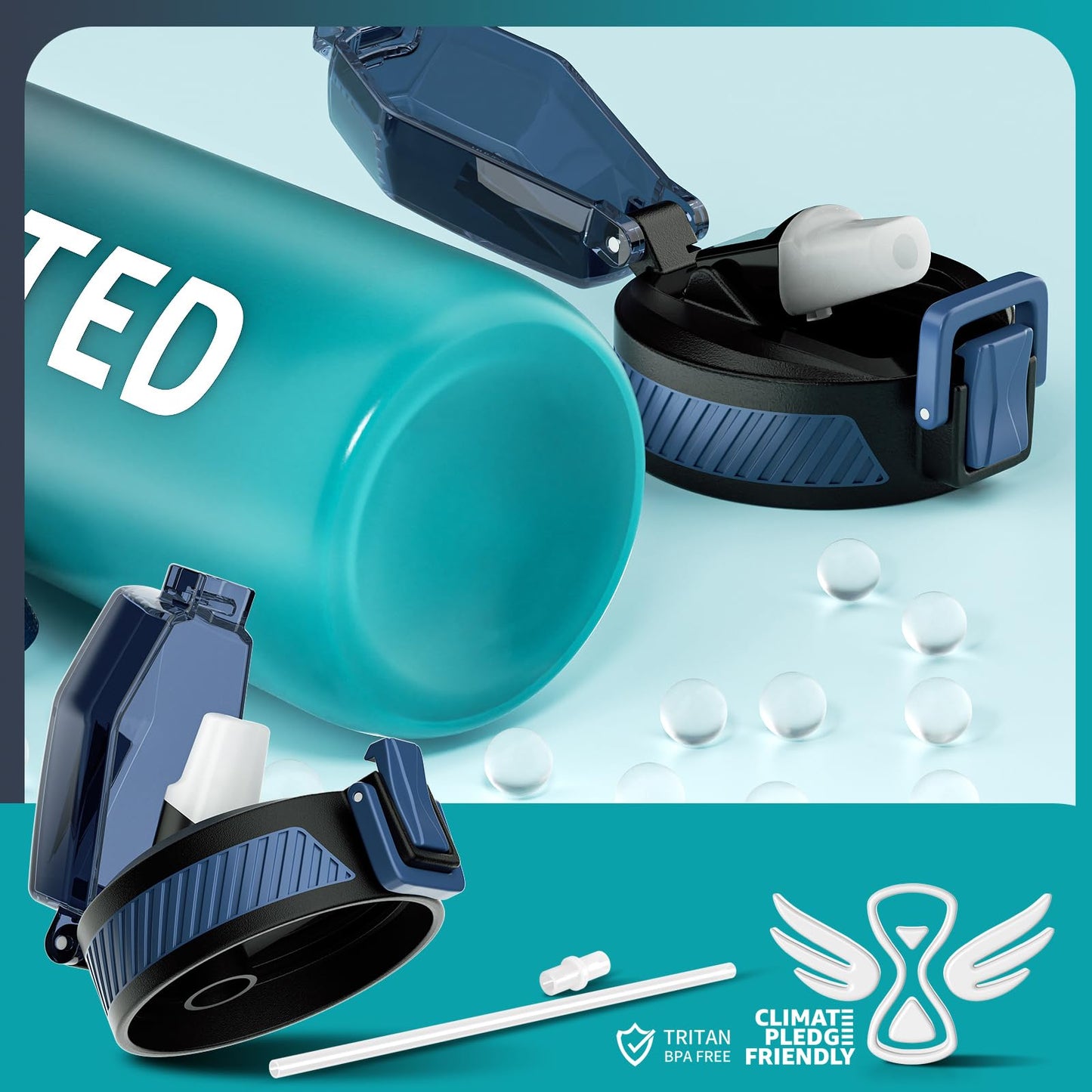 QLUR Water Bottle with Straw, 32oz Motivational Water Bottles with Time Marker to Drink, Tritan BPA Free, 1L Sports Water Bottle with Carry Strap LeakProof for Women Gym Fitness Outdoor (1 Pack)