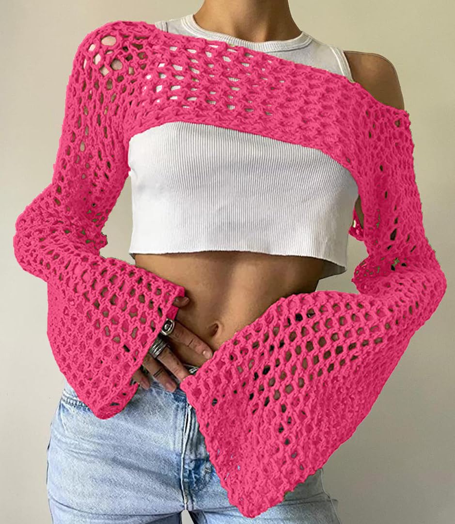 hathne Women Hollow Out Sweater Crop Flounce Off See Through Crochet Top Trumpet Long Sleeve Knit Top(Rose Red,S)