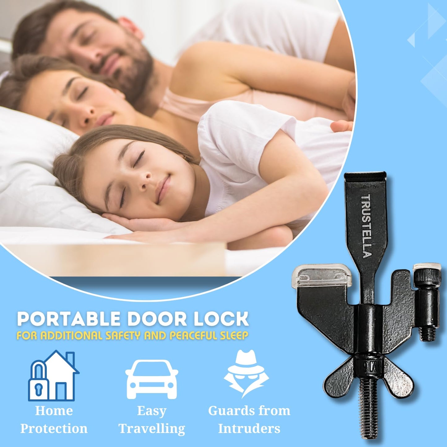 Original Trustella Heavy-Duty Portable Door Lock - Stainless Steel Security Device for Enhanced Safety - Ideal for Home, Travel, Hotels, Apartments - Silicone Protector Caps Included (1, Black)