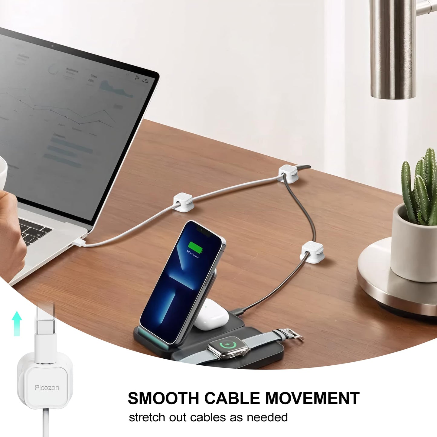 Picozon 6 Pack Magnetic Cable Clip Organizer Cord Holder, Picozon Adhesive Cable Management, Wire Phone USB Charger Cable Holder Keeper Organizer for Car, Office Home Desktop, Wall, Night Table
