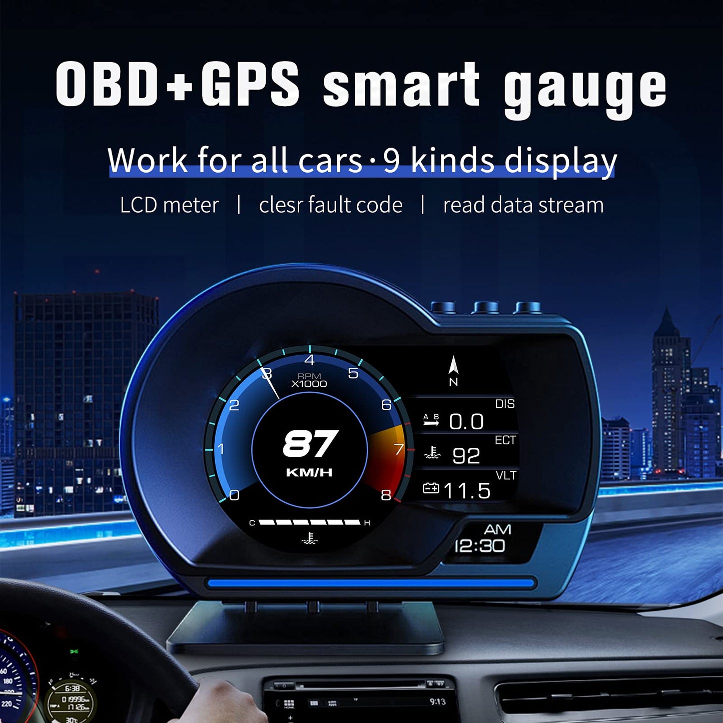 wiiyii obd2 Gauge Display Heads up Display for Cars Car HUD Head Up Display P6, OBD+GPS Smart Gauge, obd2 Speedometer with Speed,RMP,Water Temperature,Overspeed Alarm,Works Great for Most Cars