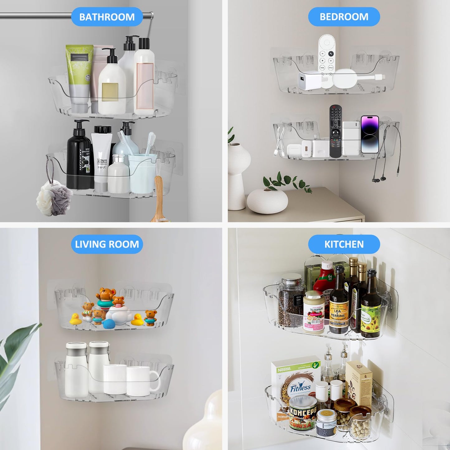 EEKEDO Corner Shower Caddy, 2 Pack Clear Acrylic Corner Shower Shelves Adhesive No Drilling Wall Mounted Shower Rack with Hooks for Bathroom Shampoo Organizer Kitchen Holder