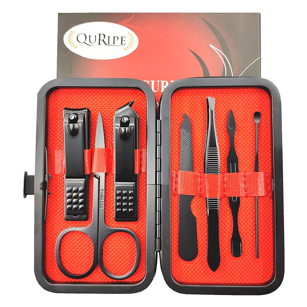 QURIPE 7pcs Manicure Set, Nail Clippers Kit, Stainless Steel Manicure Kit, Nail Clipping Tools Portable Travel Grooming Kit, The Best Gift with Luxurious Case (Black-7)