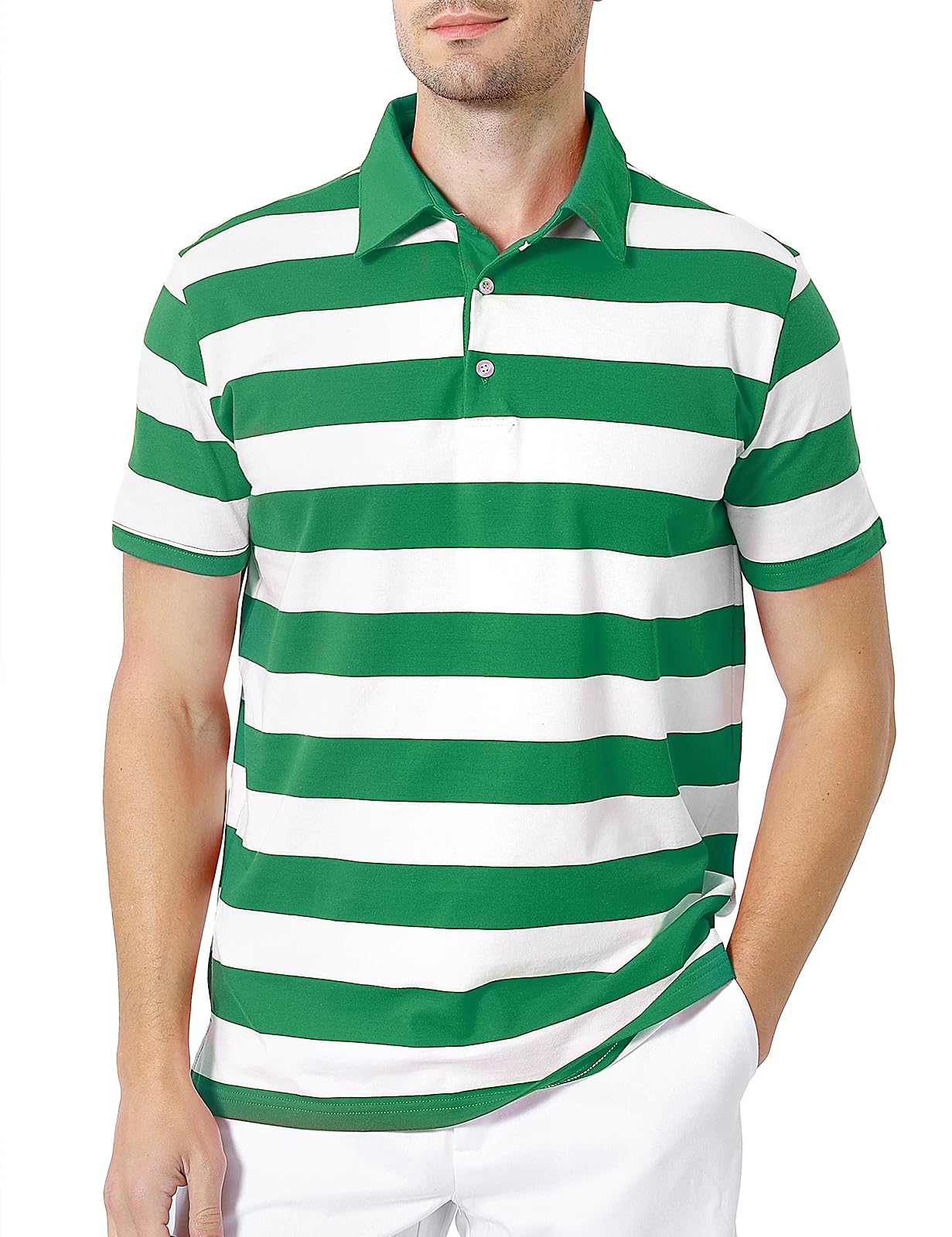 Funny World Green and White Striped Irish Polo Shirt for Men Cotton Short Sleeve St Patricks Day Striped Golf Shirts, Green and White, Medium
