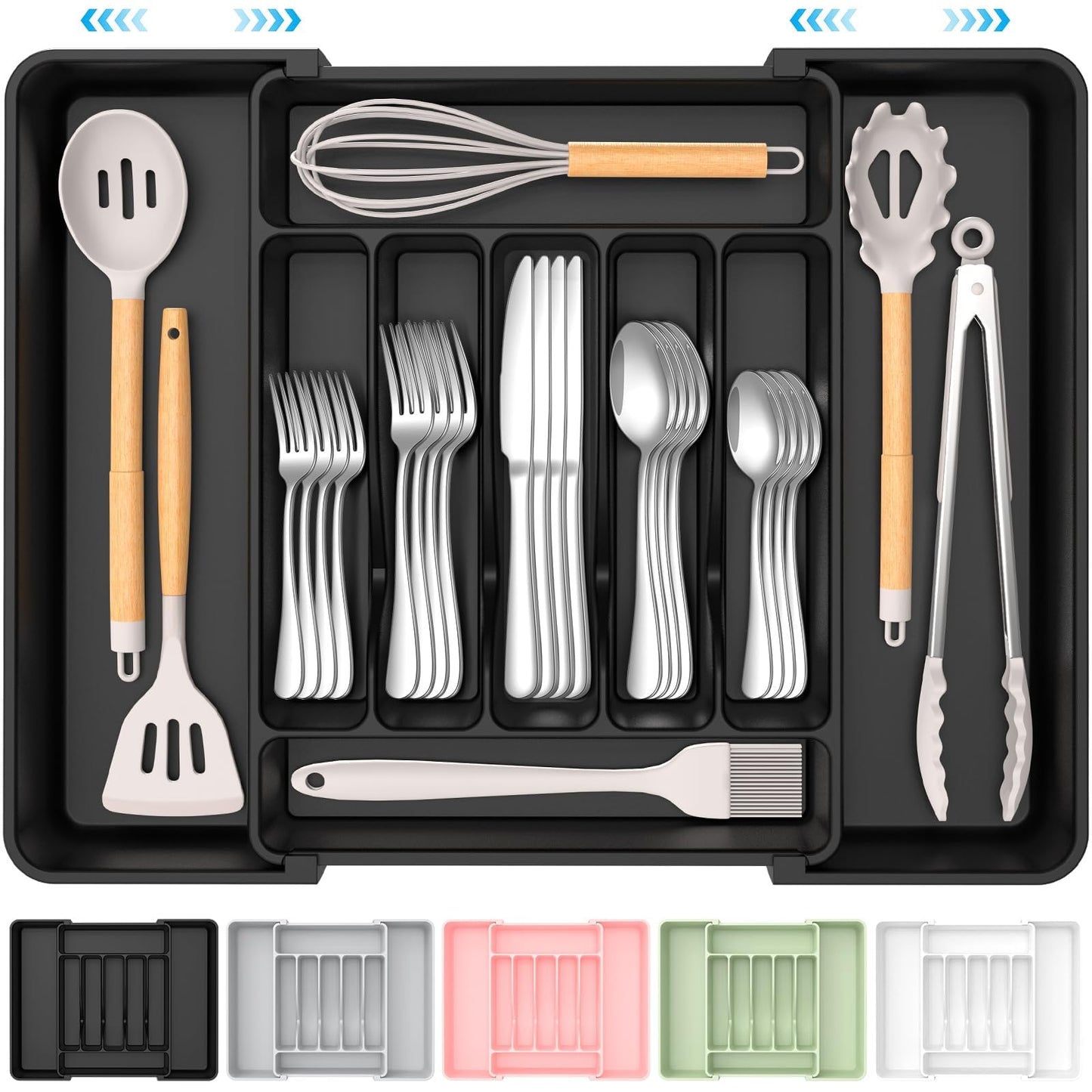ukeetap Extra Large Expandable Silverware Organizer, BPA-Free Food-Safe Cutlery Flatware Organizer, Kitchen Utensil Drawer Organizer, Adjustable Silverware Holder for Spoons Forks Knives, Black