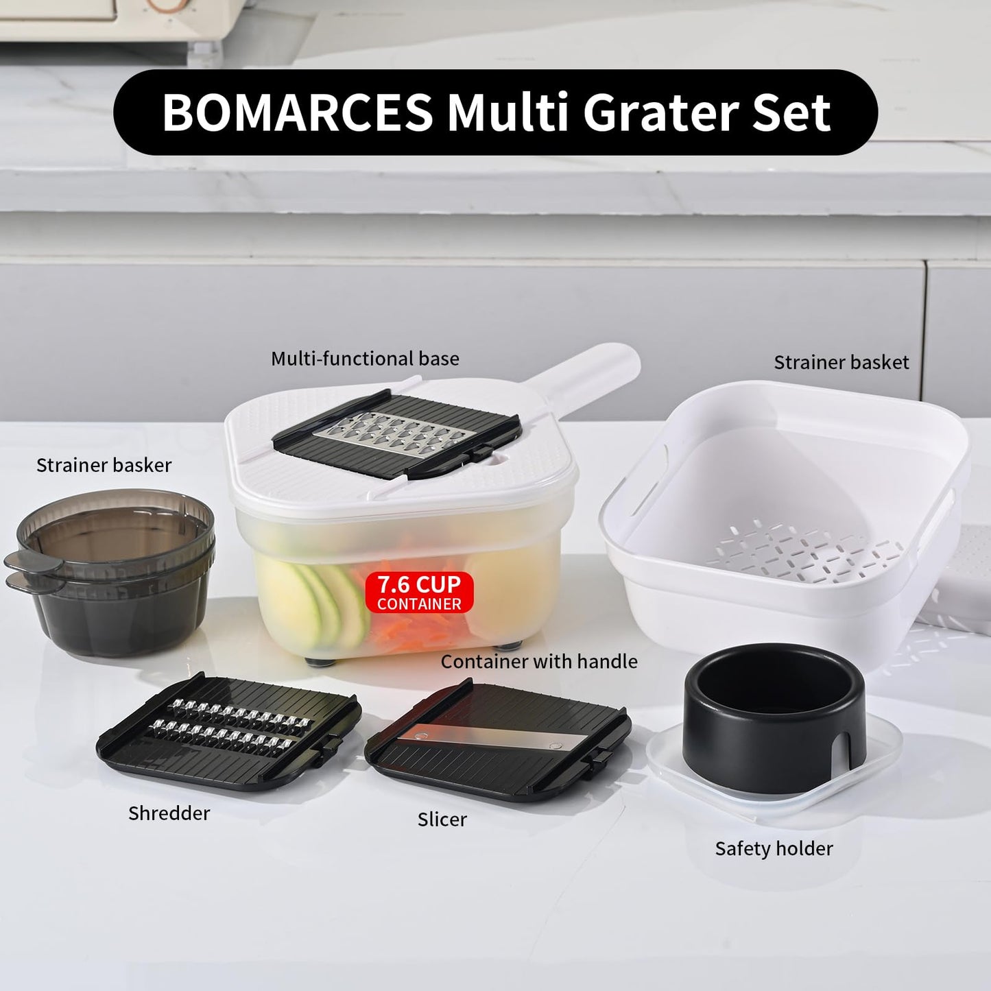 Vegetable Chopper, 3 Blade Veggie Chopper with 7.6 Cup Container, Mandoline Slicer Fruit Cutter with Strainer Basket & Safety Holder, BPA & PFAS Free Food Chopper for Onion Potato Carrot