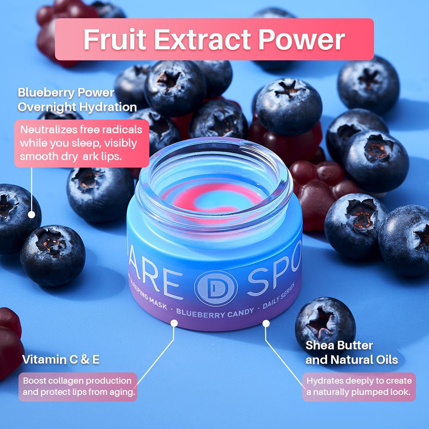 SPODARE Blueberry Lip Mask Overnight, Dual-Color Lip Sleeping Mask for Reduce Fine Lines, Nourish and Hydrating Dry Cracked Skin with Vitamin C and Shea Butter, Stocking Stuffer