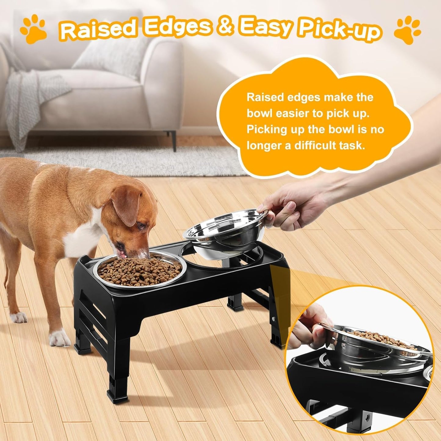 COMESOON Elevated Dog Bowls for Small Medium Dogs, 3 Height Adjustable Raised Stand with 2 Thick 6" Stainless Steel Food Bowls, Non-Slip Feeder Adjusts to 2.75", 6", 7.5", Black