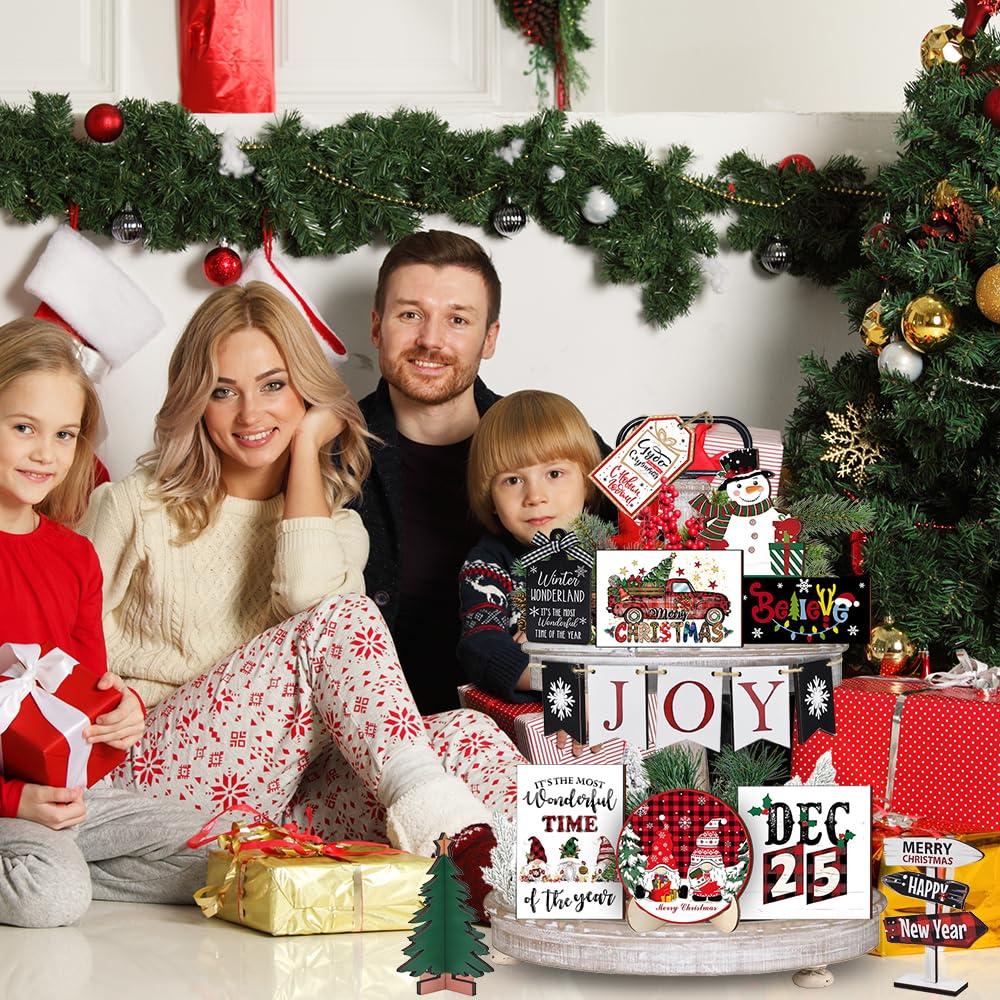 Nialnant 19 PCS Christmas Tiered Tray Decor, Christmas Tiered Tray Decorations Set, Snowflake Joy Snowman Wood Table Signs for Winter Table Centerpieces Home Decorations