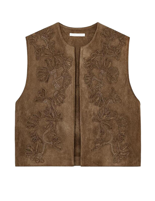 hathne Embroidered Faux Suede Vest for Women Floral Embroidered Vest Sleeveless Open Front Vintage Vests(Khaki,L)