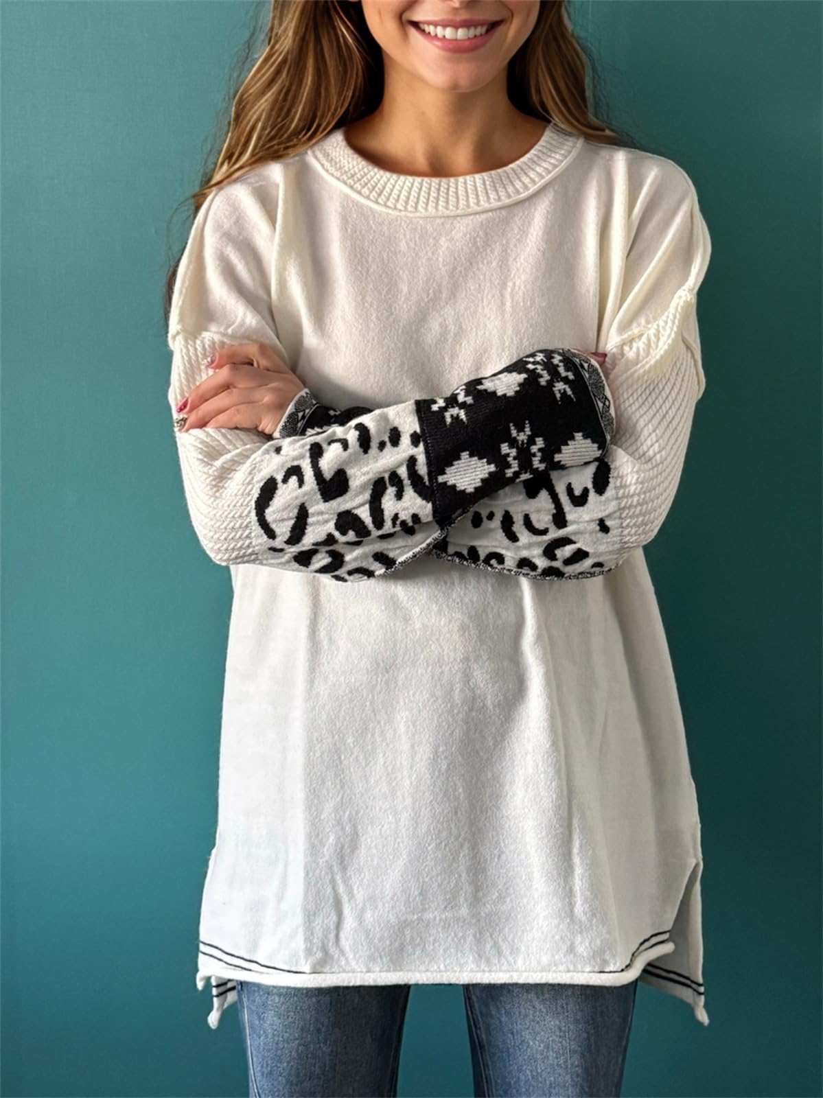 hathne Oversized Sweaters Pullover for Women Leopard Printed Cuff Casual Long Sleeve Knit Tops(Beige,L)