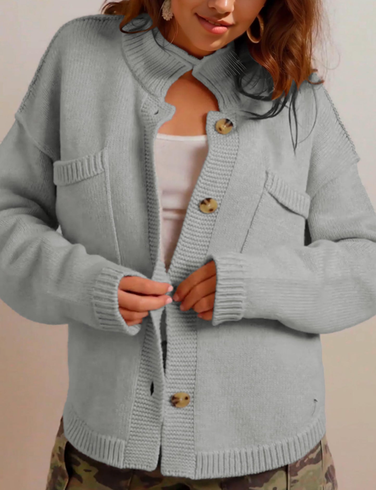 hathne Cardigan Sweaters for Women Trendy Oversized Open Front Button Short Cardigan Jackets Fall Winter(Grey,M)