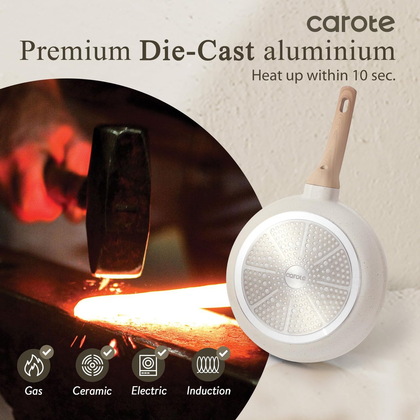 CAROTE Non Stick Frying Pan Skillet, Omelet Pan, Healthy Non Toxic Granite Chef Pan, Induction Compatible Egg Frying Pan with Heat-Resistant Handle, PFOA-Free,Cream White, 8"