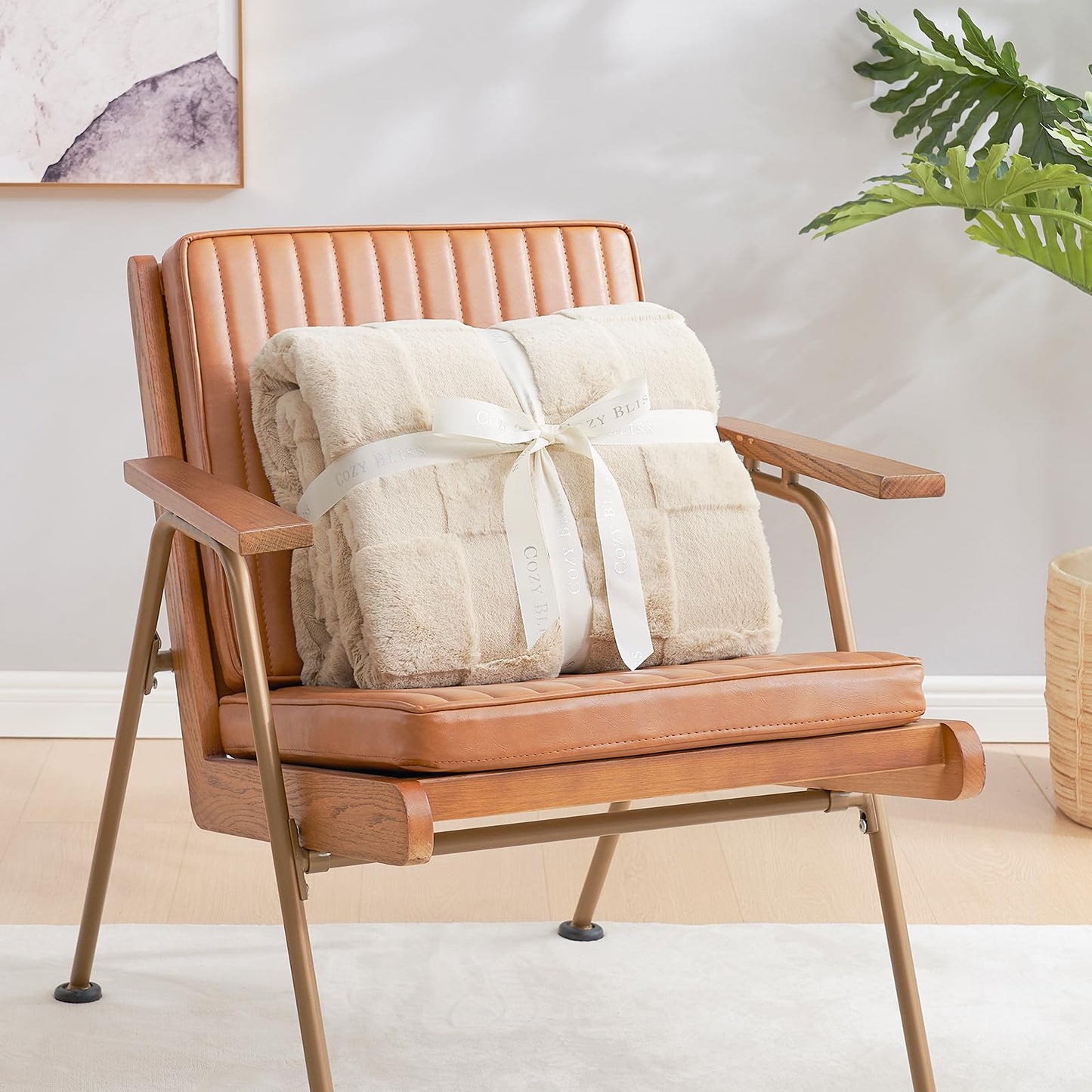 Cozy Bliss Checkered Faux Rabbit Fur Blanket King Size for Bed, Soft Fuzzy Blankets for Women Men, Large Furry Fleece Throw for Bedroom Decor (Tan, 108" x 90")