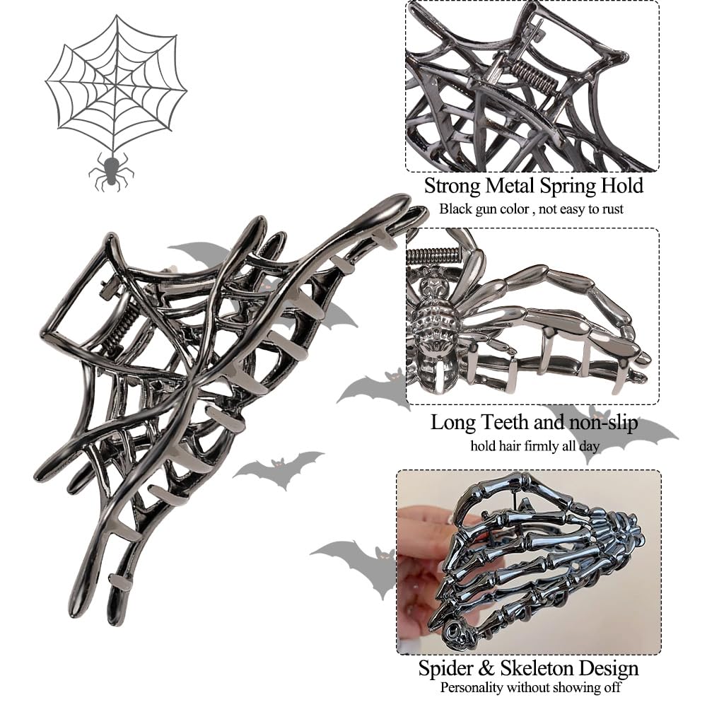 3PCS Black Spider Web Skeleton Hand Skull Hair Claw Clips for Women And Girls, Hiphop Metal Large Medium Size for Thick Thin Hair, Headband Barrette for styling Hair Accessories Party Gift (Black Gun)