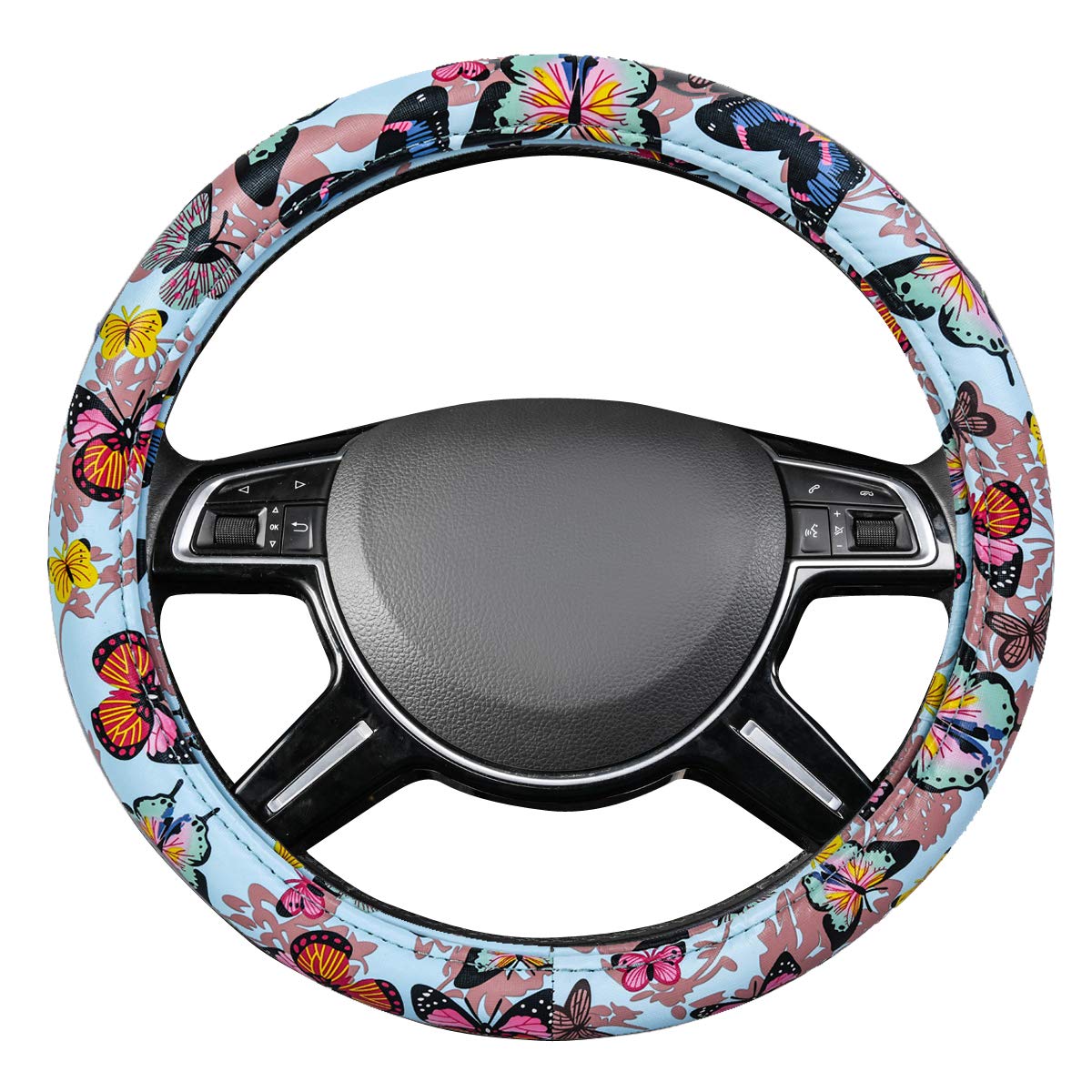 CAR-GRAND Pretty Colorful Butterfly Steering Wheel Cover, Universal 14.5-15 Inch Anti-Slip Leather Car Wheel Protector for Women and Girls, Fit Trucks, Suvs,Vans, Sedans (Light Blue and Colorful)
