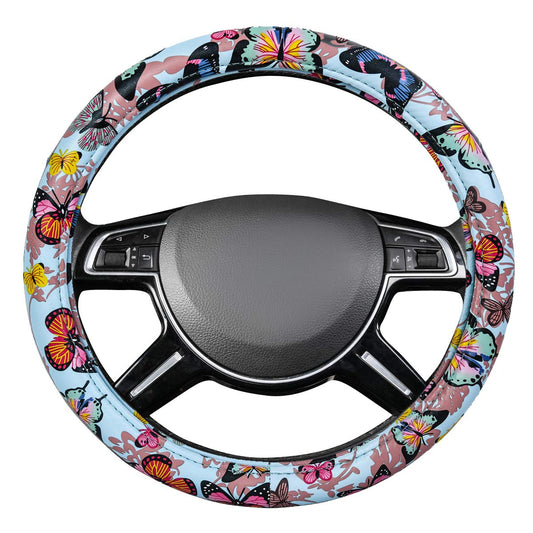 CAR-GRAND Pretty Colorful Butterfly Steering Wheel Cover, Universal 14.5-15 Inch Anti-Slip Leather Car Wheel Protector for Women and Girls, Fit Trucks, Suvs,Vans, Sedans (Light Blue and Colorful)