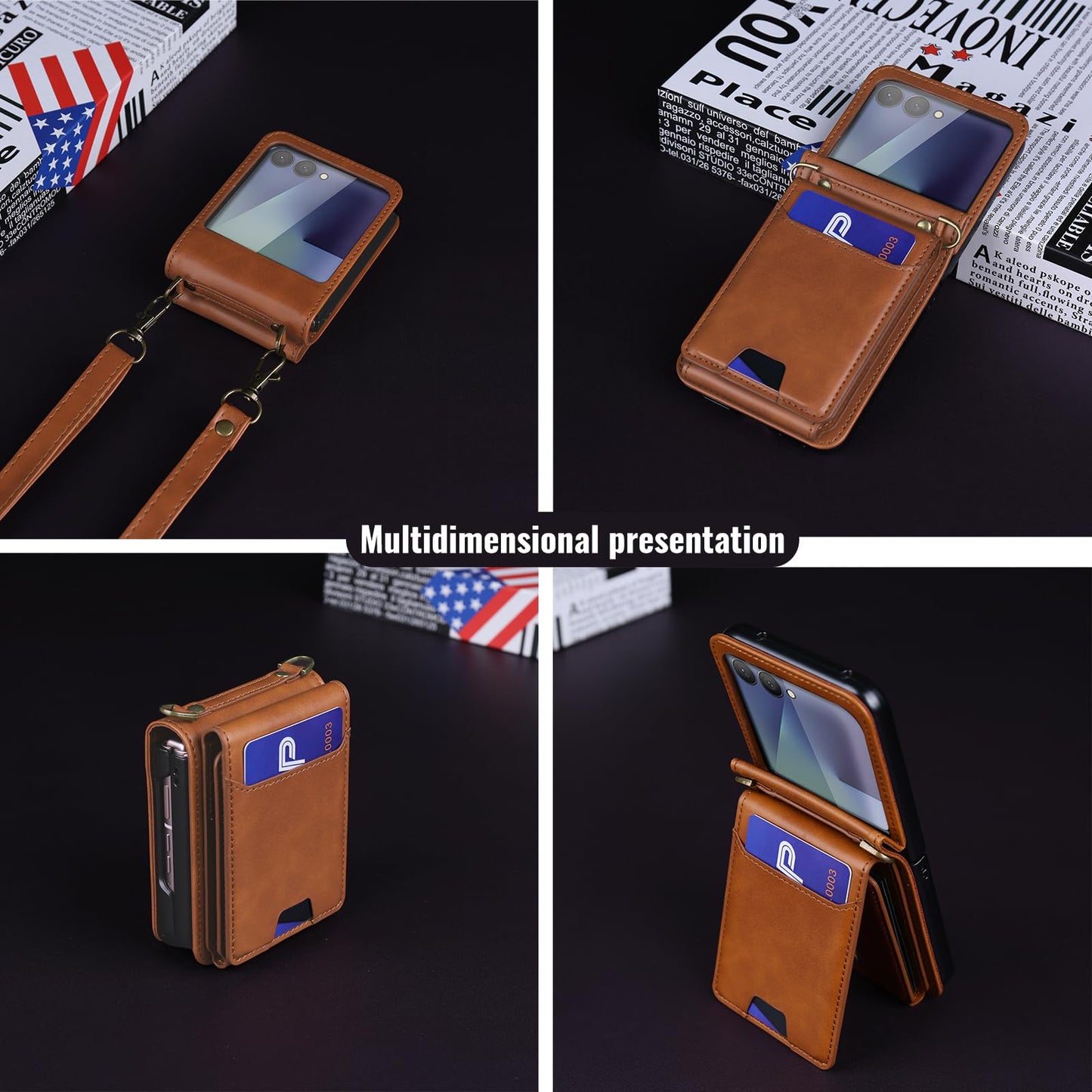 ASAPDOS for Samsung Galaxy Z Flip 7 PU Leather Wallet Phone Case with Card Slots (Holds 5-7 Cards), Anti-Drop Protection, Wrist & Shoulder Strap Brown