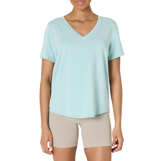 Amazon Essentials Women's Active Soft Cotton Modal V-Neck Short Sleeve Lightweight Yoga Workout T-Shirt with Curved Hem, Light Blue, Large