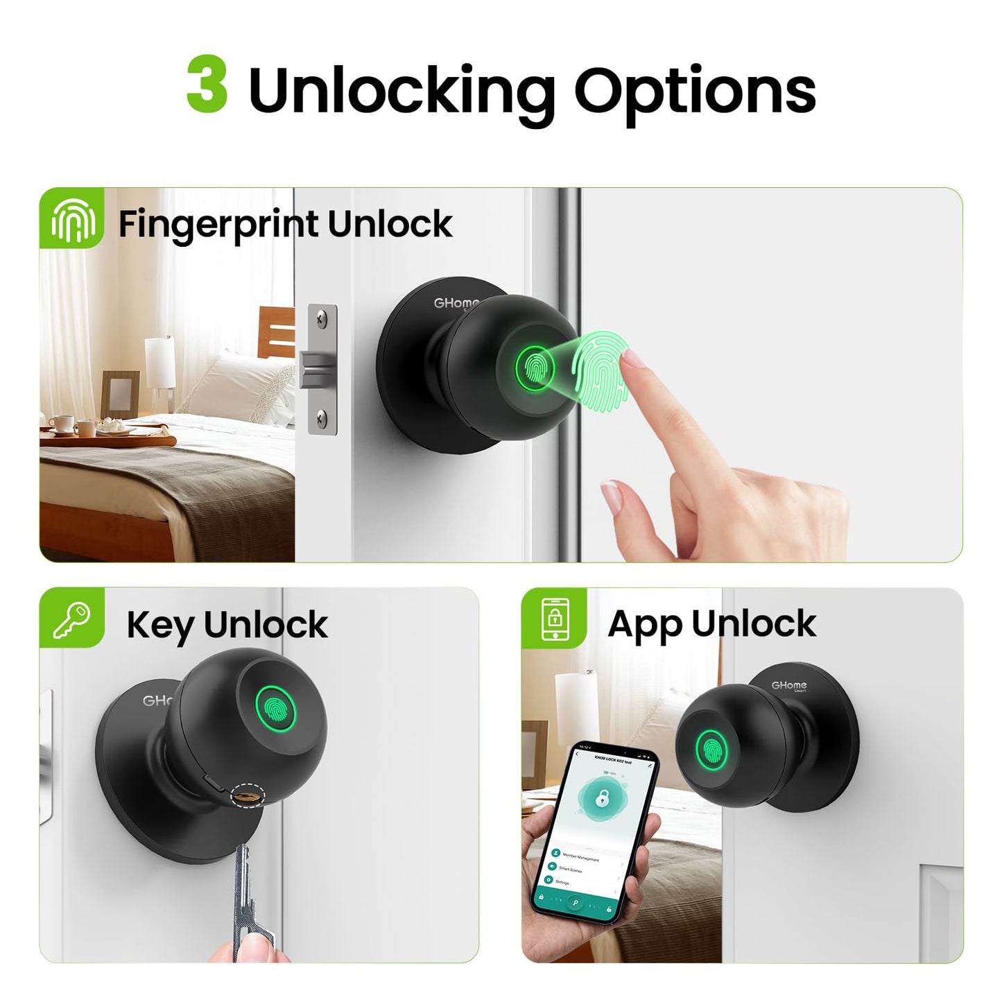 GHome Smart Fingerprint Door Lock, 3 in 1 Smart Fingerprint Door Knob with App Control & Key, Auto Lock, Biometric Thumbprint Door Locks for Bedroom, Garage, Home & Office