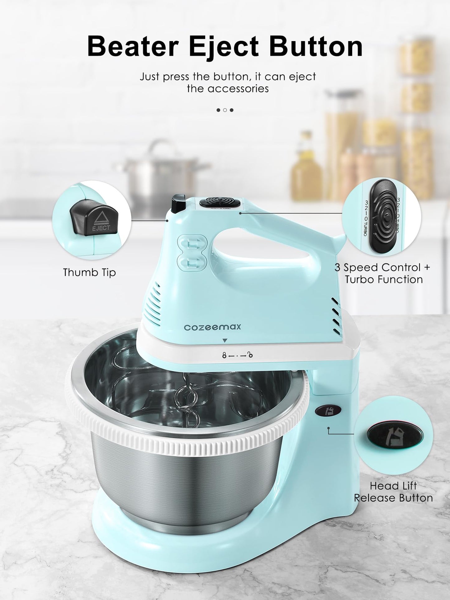 2 in 1 Hand Mixers Kitchen Electric Stand mixer with bowl 3 Quart, electric mixer handheld for Everyday Use, Dough Hooks & Mixer Beaters for Frosting, Meringues & More (Aqua)