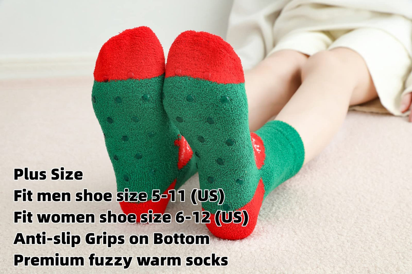 Gellwhu Adult Christmas Fuzzy Socks with Grips Plus Size Warm Winter Luxury Cozy Fluffy Holiday Socks Stocking Stuffers Gifts 10 Pairs C