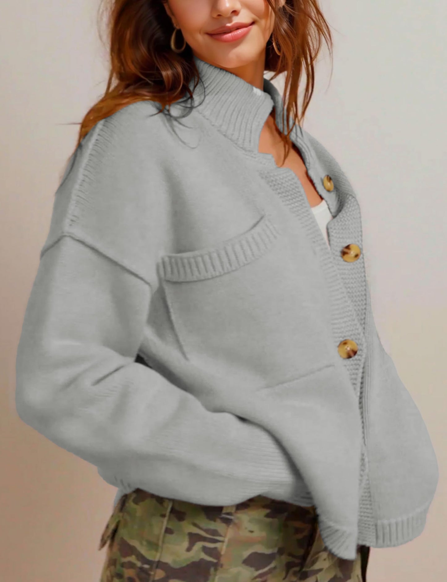 hathne Cardigan Sweaters for Women Trendy Oversized Open Front Button Short Cardigan Jackets Fall Winter(Grey,M)