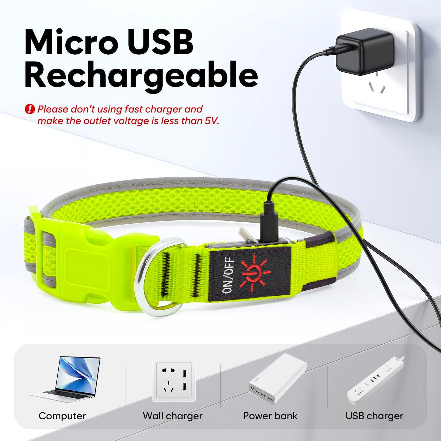 Flashseen LED Dog Collar, Light Up Dog Collar Lights USB Rechargeable, Adjustable Comfortable Soft Mesh Safety Collar for Small, Medium, Large Dogs(Large, Neon Green)