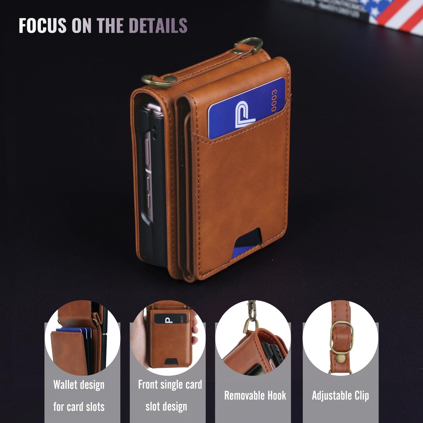 ASAPDOS for Samsung Galaxy Z Flip 7 PU Leather Wallet Phone Case with Card Slots (Holds 5-7 Cards), Anti-Drop Protection, Wrist & Shoulder Strap Brown