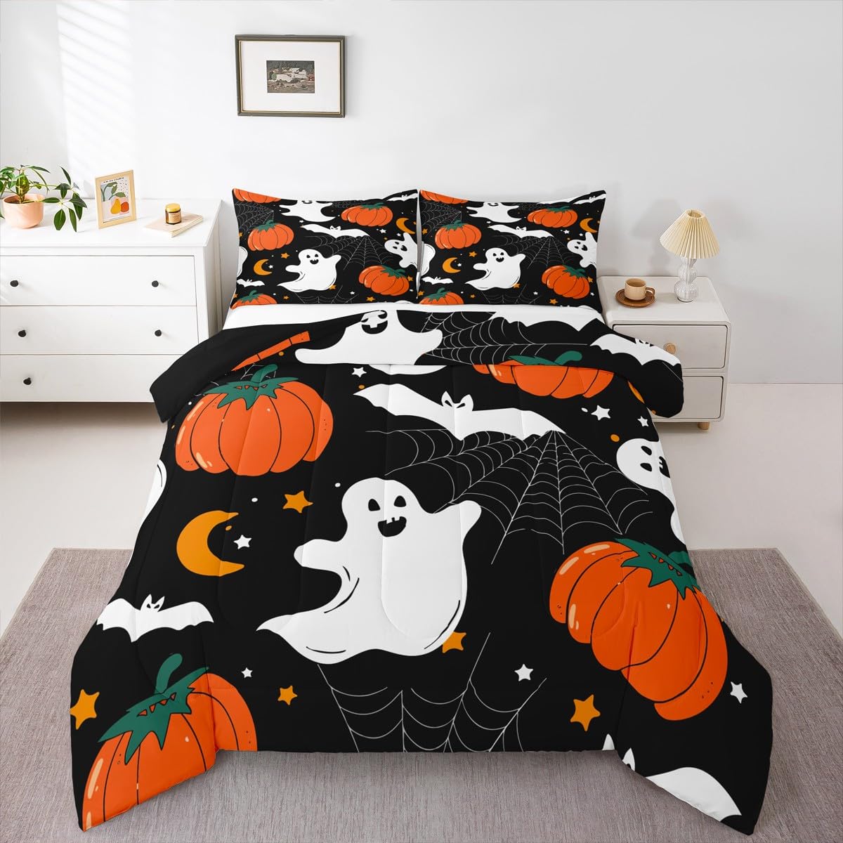 Feelyou Halloween Ghost Comforter Set for Girls Boys Kids Pumpkin Lantern Comforter Room Decorative Spider Web Bat Print Bedding Set Halloween Theme Duvet Set 3Pcs with 2 Pillow Case Queen Size