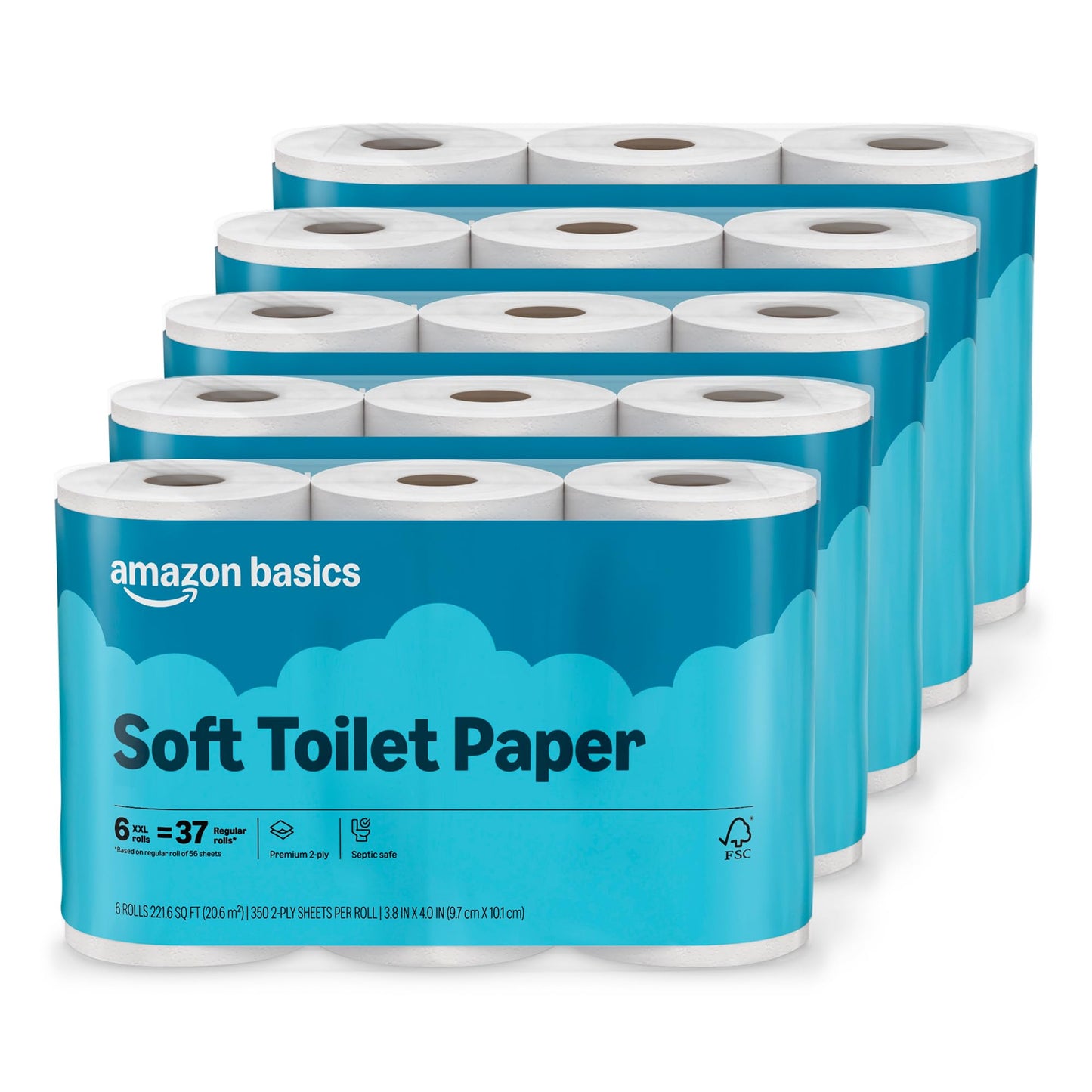 Amazon Basics 2-Ply Soft Toilet Paper, 30 Rolls (5 Packs of 6)